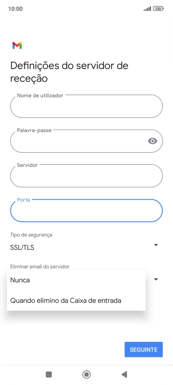 Prima Nunca para manter os e-mails no servidor quando estes são apagados no telefone.