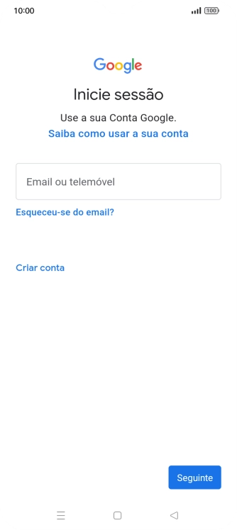 Se não tiver uma conta Google, prima Criar conta e siga as indicações no ecrã para criar uma conta.