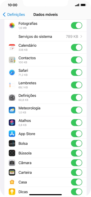 Prima o indicador junto das aplicações pretendidas para ativar ou desativar a função.