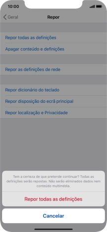 Prima Repor todas as definições. Aguarde um momento enquanto o telefone restabelece as definições originais. Siga as indicações no ecrã para configurar o telefone de modo que este fique pronto a ser utilizado.