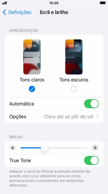 Quando ativar a função, prima Opções e siga as indicações no ecrã para escolher o período pretendido para o Modo Escuro.