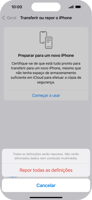 Prima Repor todas as definições.