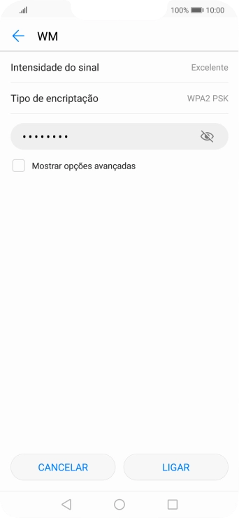 Introduza a password da rede Wi-Fi e prima LIGAR.
