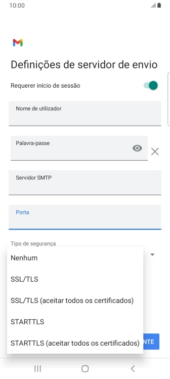 Prima STARTTLS para ativar a função.