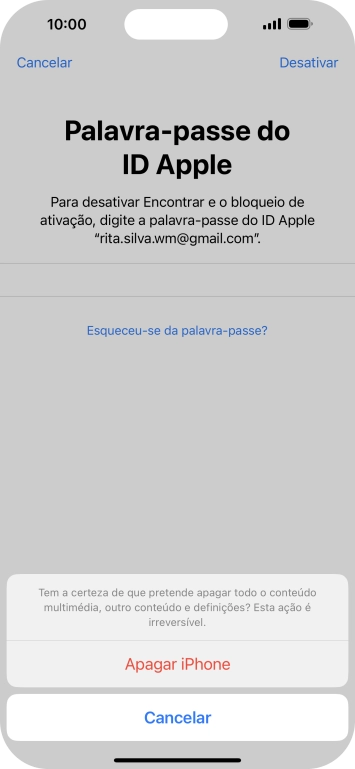 Introduza a password do ID Apple e prima Apagar iPhone. Aguarde um momento enquanto o telefone restabelece as definições originais. Siga as indicações no ecrã para configurar o telefone de modo que este fique pronto a ser utilizado.