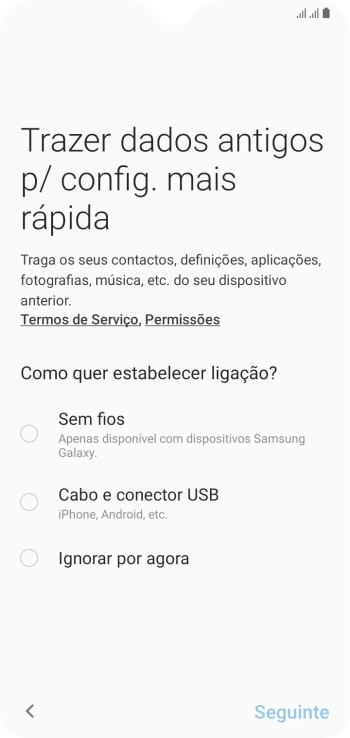 É possível transferir conteúdo de outro telefone quando o telefone for ativado antes da primeira utilização e quando o telefone tiver sido reiniciado. Quando esta imagem for mostrada no ecrã, o telefone está pronto para transferir conteúdo de outro telefone.