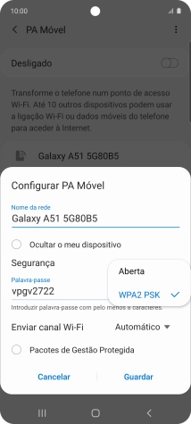 Prima WPA2 PSK para proteger o hotspot Wi-Fi com uma password.