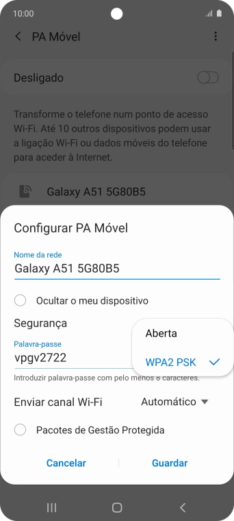 Prima WPA2 PSK para proteger o hotspot Wi-Fi com uma password.