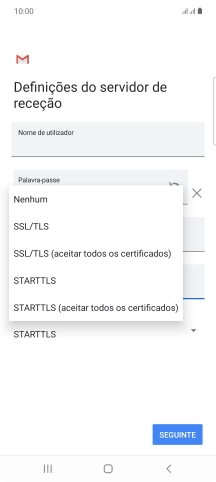 Prima SSL/TLS para ativar a função.