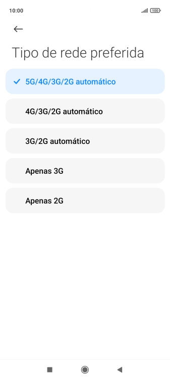 Prima o tipo de rede pretendido.