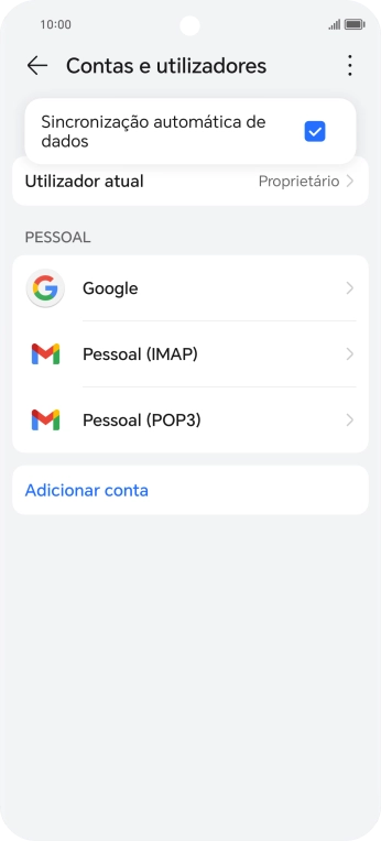 Prima Sincronização automática de dados para ativar ou desativar a função.