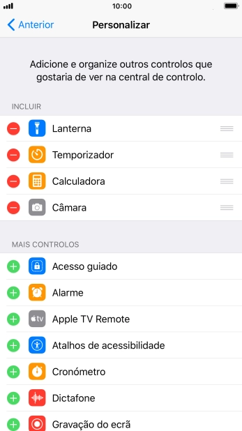 Prima o ícone para apagar junto da função pretendida para a remover da Central de controlo.