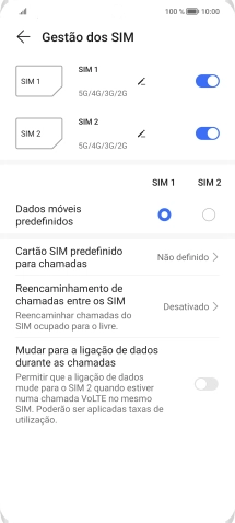 Prima o indicador  junto ao cartão SIM pretendido para ativar ou desativar a utilização do cartão SIM.