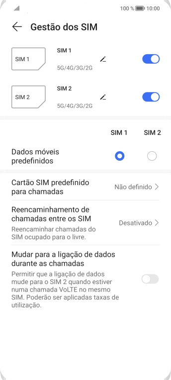 Prima o indicador  junto ao cartão SIM pretendido para ativar ou desativar a utilização do cartão SIM.