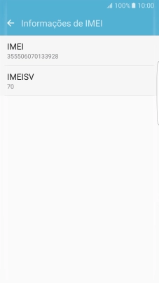 O código IMEI é mostrado no ecrã.