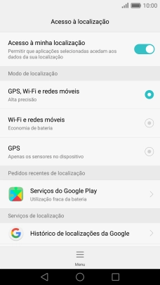 Se escolher GPS, Wi-Fi e redes móveis, o telefone irá encontrar a sua localização precisa utilizando os satélites GPS, a rede móvel e as redes Wi-Fi  nas proximidades. A navegação por satélite GPS requer vista livre ao céu.