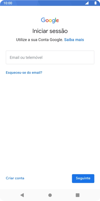 Se não tiver uma conta Google, prima Criar conta e siga as indicações no ecrã para criar uma conta.