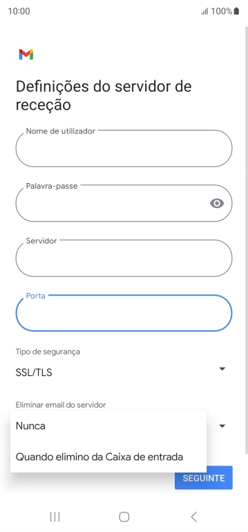Prima Nunca para manter os e-mails no servidor quando estes são apagados no telefone.