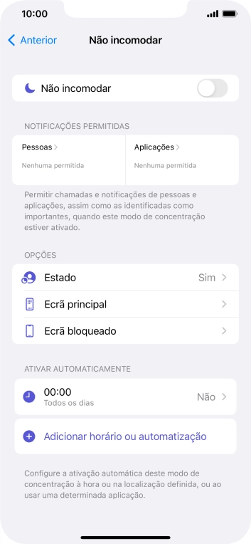 Prima Pessoas e siga as indicações no ecrã para escolher quais os contactos de que pretende receber chamadas e notificações, enquanto a função “Não incomodar” está ativada.