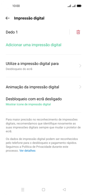 Prima o ícone de apagar  junto à impressão digital pretendida.