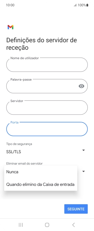 Prima Nunca para manter os e-mails no servidor quando estes são apagados no telefone.