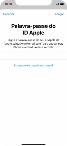 Introduza a password do ID Apple e prima Apagar. Aguarde um momento enquanto o telefone restabelece as definições originais. Siga as indicações no ecrã para configurar o telefone de modo que este fique pronto a ser utilizado.
