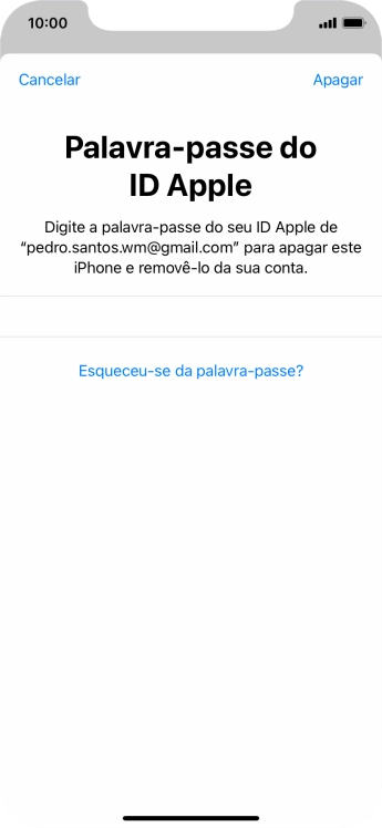 Introduza a password do ID Apple e prima Apagar. Aguarde um momento enquanto o telefone restabelece as definições originais. Siga as indicações no ecrã para configurar o telefone de modo que este fique pronto a ser utilizado.