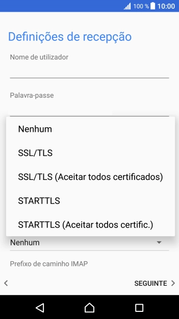Prima STARTTLS (Aceitar todos certific.) para ativar a função.