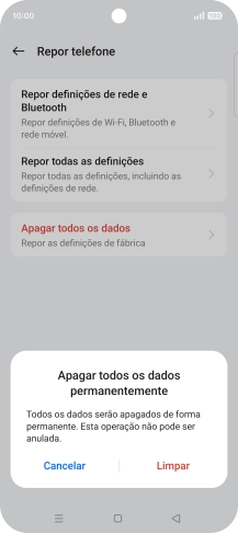 Prima Limpar. Aguarde um momento enquanto o telefone restabelece as definições originais. Siga as indicações no ecrã para configurar o telefone de modo que este fique pronto a ser utilizado.