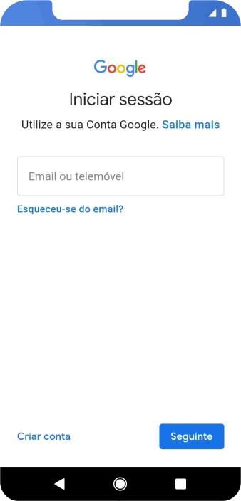 Se não tiver uma conta Google, prima Criar conta e siga as indicações no ecrã para criar uma conta.