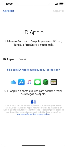 Se não tiver um ID Apple, prima Não tem ID Apple ou esqueceu-se do seu? e siga as indicações no ecrã para criar um ID Apple.