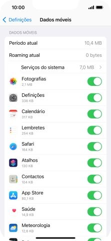 Prima o indicador junto das aplicações pretendidas para ativar ou desativar a função.