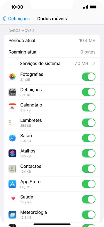 Prima o indicador junto das aplicações pretendidas para ativar ou desativar a função.