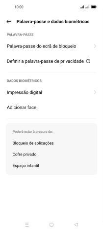Prima Impressão digital e introduza o código adicional de bloqueio do telefone que criou anteriormente.