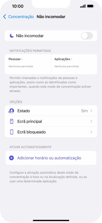Prima Pessoas e siga as indicações no ecrã para escolher quais os contactos de que pretende receber chamadas e notificações, enquanto a função “Não incomodar” está ativada.