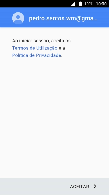 Prima ACEITAR e siga as indicações no ecrã para escolher as definições da conta Google.