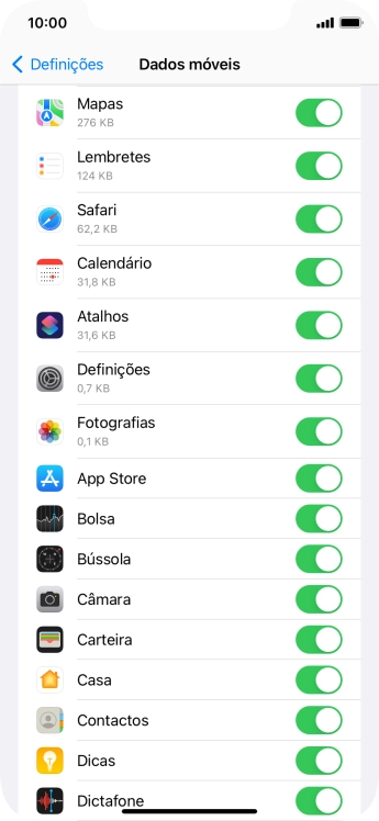 Prima o indicador junto das aplicações pretendidas para ativar ou desativar a função.