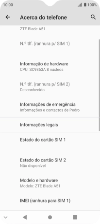 IMEI é mostrado no ecrã.