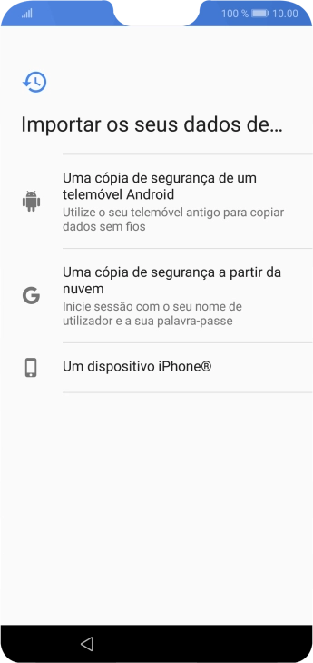 Prima a opção pretendida e siga as indicações no ecrã para transferir conteúdo de outro telefone e completar a ativação do telefone.