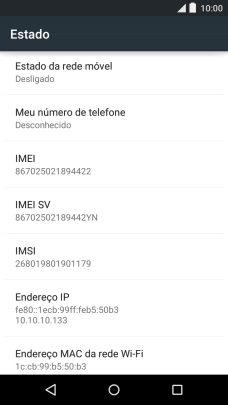 O código IMEI é mostrado no ecrã.