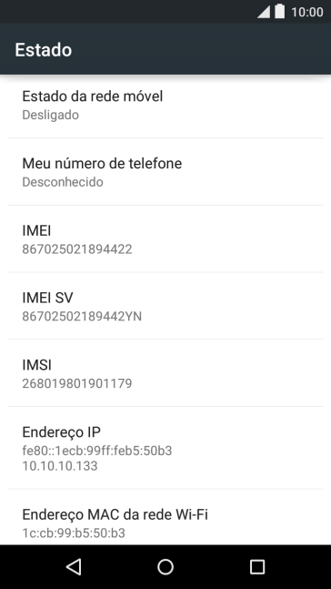 O código IMEI é mostrado no ecrã.