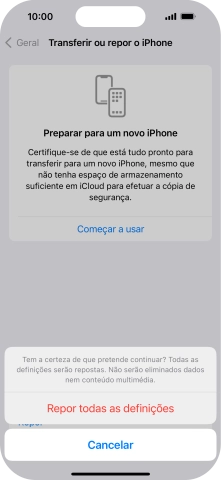 Prima Repor todas as definições. Aguarde um momento enquanto o telefone restabelece as definições originais. Siga as indicações no ecrã para configurar o telefone de modo que este fique pronto a ser utilizado.