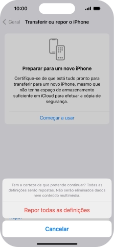 Prima Repor todas as definições. Aguarde um momento enquanto o telefone restabelece as definições originais. Siga as indicações no ecrã para configurar o telefone de modo que este fique pronto a ser utilizado.