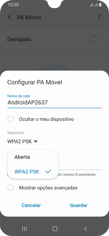 Prima WPA2 PSK para proteger o hotspot Wi-Fi com uma password.