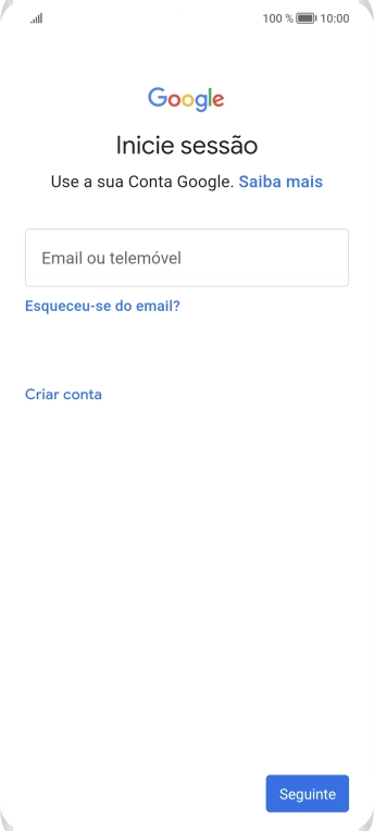 Se não tiver uma conta Google, prima Criar conta e siga as indicações no ecrã para criar uma conta.