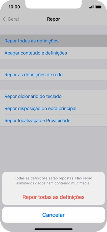 Prima Repor todas as definições.