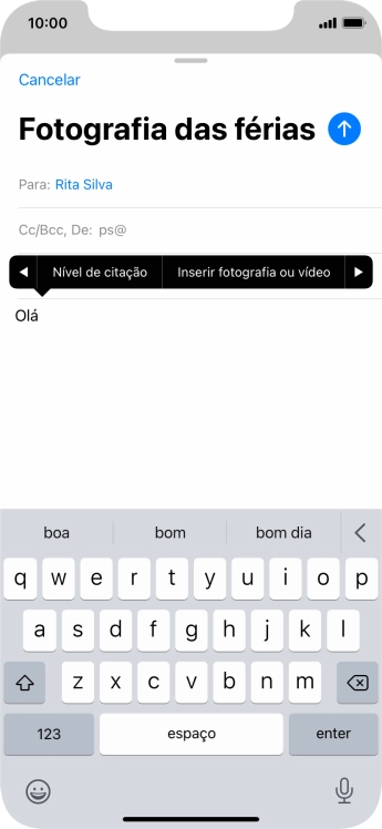 Prima Inserir fotografia ou vídeo e siga as indicações no ecrã para anexar uma imagem ou um clipe de vídeo.