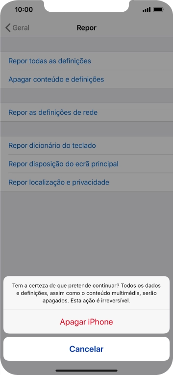 Prima Apagar iPhone. Aguarde um momento enquanto o telefone restabelece as definições originais. Siga as indicações no ecrã para configurar o telefone de modo que este fique pronto a ser utilizado.