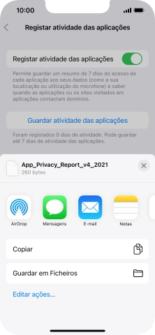 Prima a definição pretendida e siga as indicações no ecrã para partilhar ou guardar o relatório de atividade das aplicações.