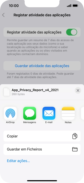 Prima a definição pretendida e siga as indicações no ecrã para partilhar ou guardar o relatório de atividade das aplicações.